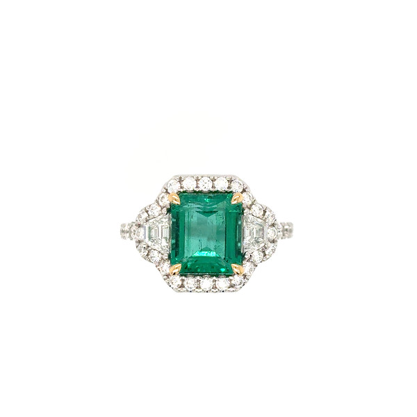 Emerald and Diamond Three Stone Halo Ring