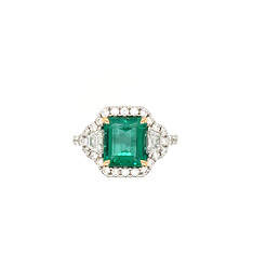 Emerald and Diamond Three Stone Halo Ring
