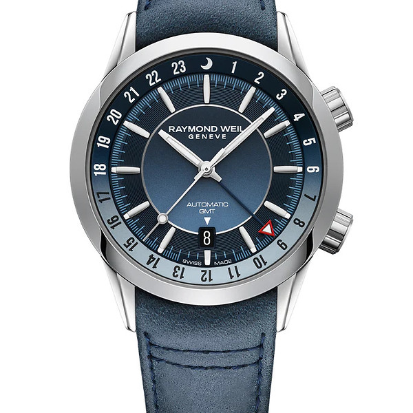 Freelancer Raymond Weil GMT Blue Dial Leather Strap Watch