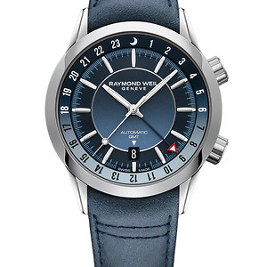 Freelancer Raymond Weil GMT Blue Dial Leather Strap Watch