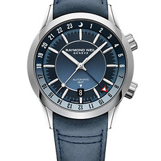 Freelancer Raymond Weil GMT Blue Dial Leather Strap Watch