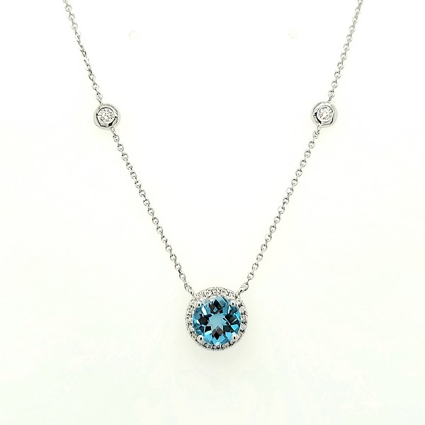 Round Blue Topaz and Diamond Halo Pendant