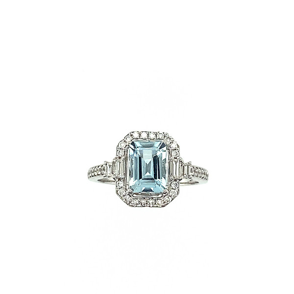 Emerald Cut Aquamarine and Diamond Ring