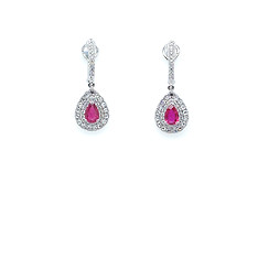 Double Halo Ruby Dangle Hoop Earrings