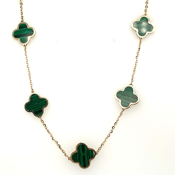 14k Yellow Gold Clover Malachite Station Necklace